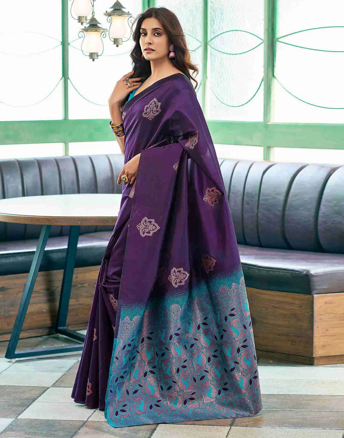 MoonPalav Royal Rhapsody Purple and Blue Silk Saree Moonpalav