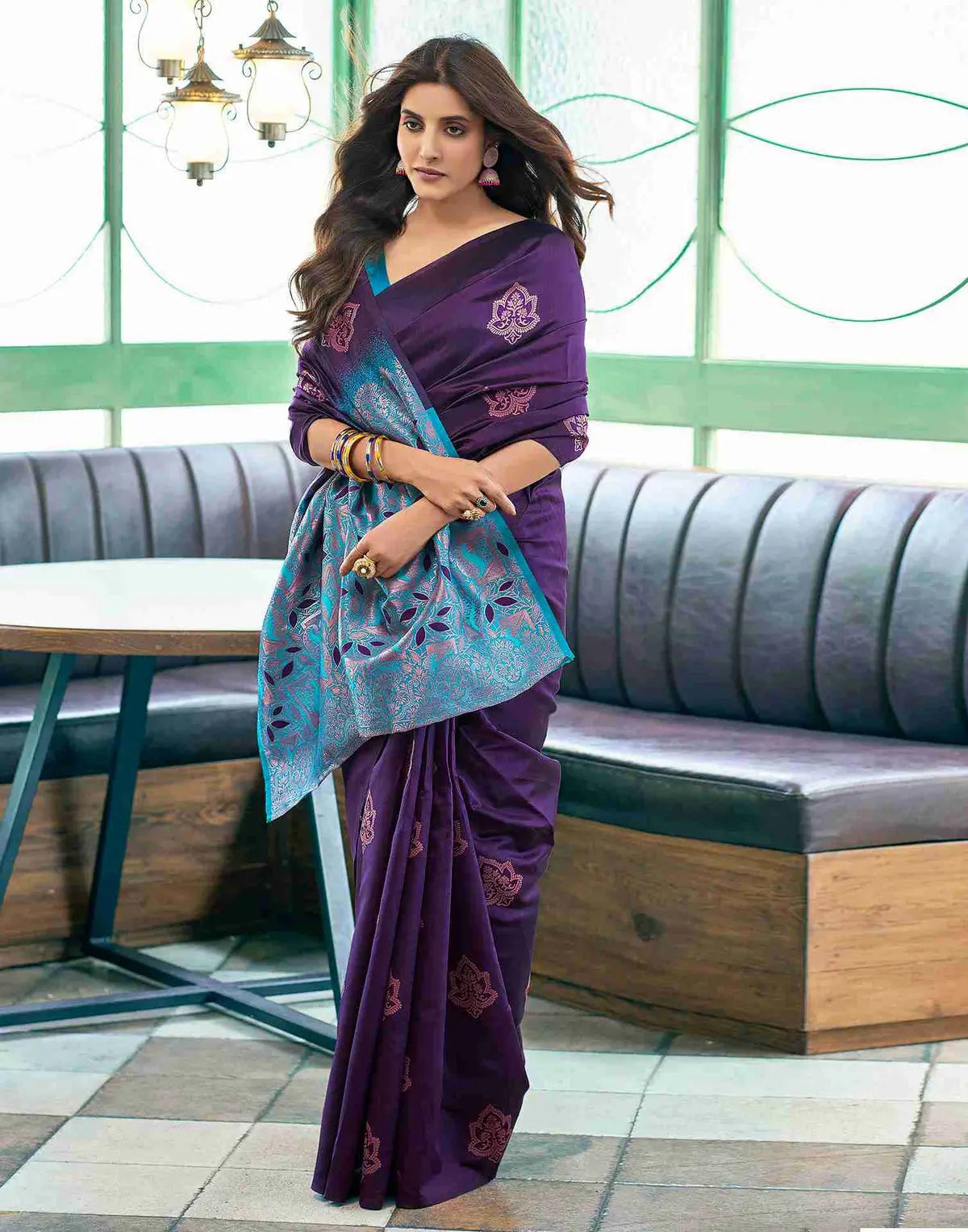 MoonPalav Royal Rhapsody Purple and Blue Silk Saree Moonpalav