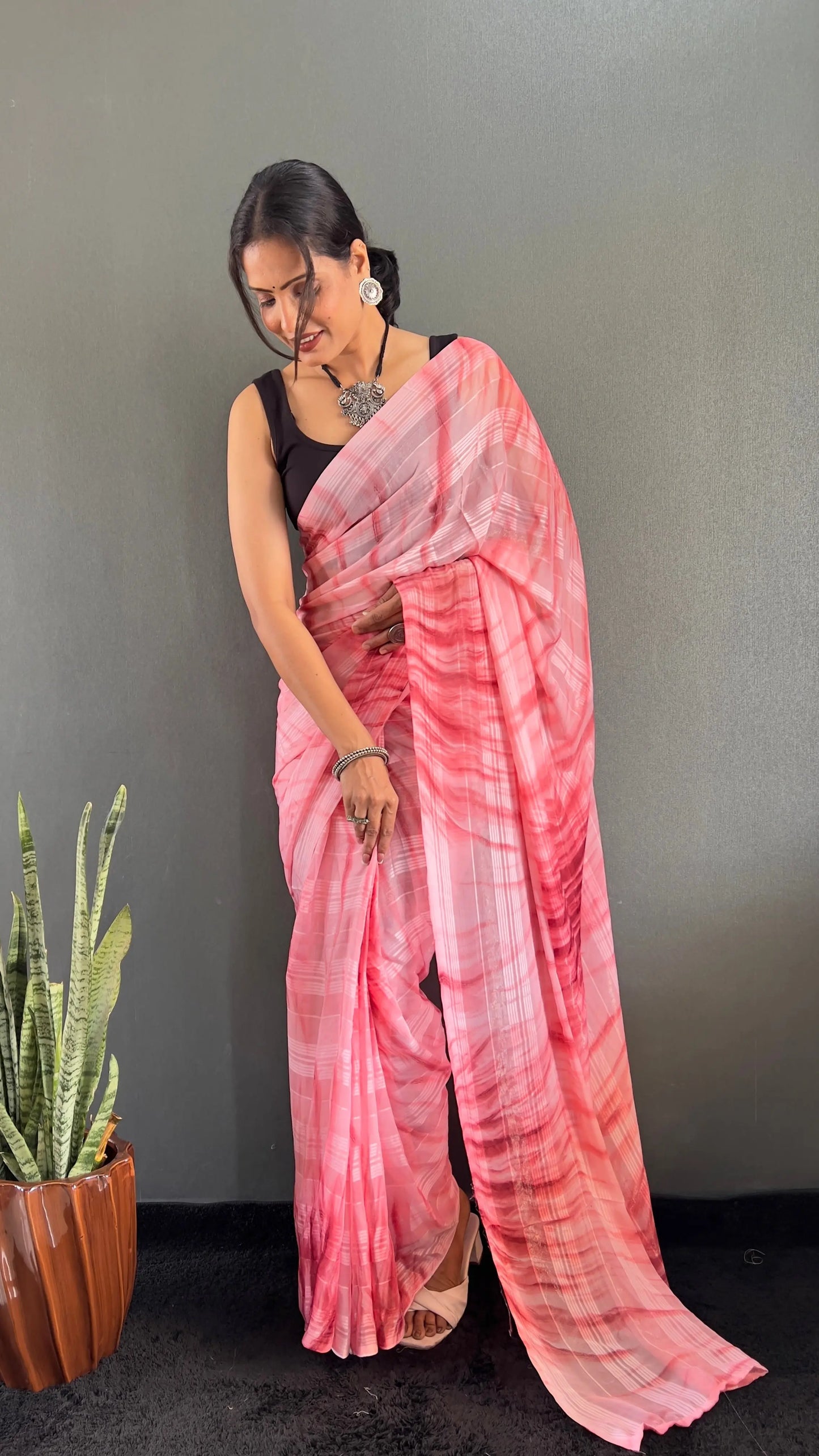 MoonPalav One Minute Ready To Wear Pink Saree with unstitch Blouse Moonpalav