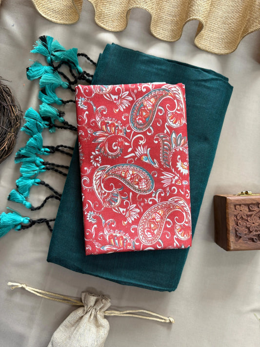 Teal & Red Handcrafted Khadi Cotton Saree – Authentic Indian Handloom, Soft & Breathable Moonpalav