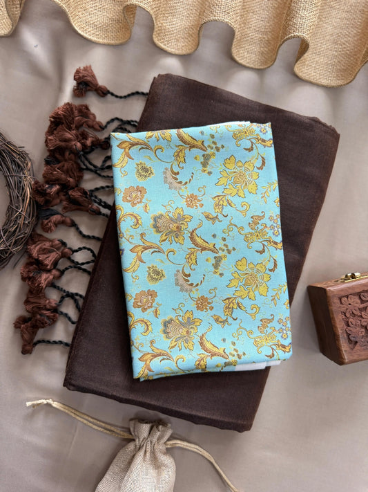 MoonPalav Sky Blue & Brown Floral Khadi Cotton Saree – Handwoven Elegance with Earthy Accents Moonpalav