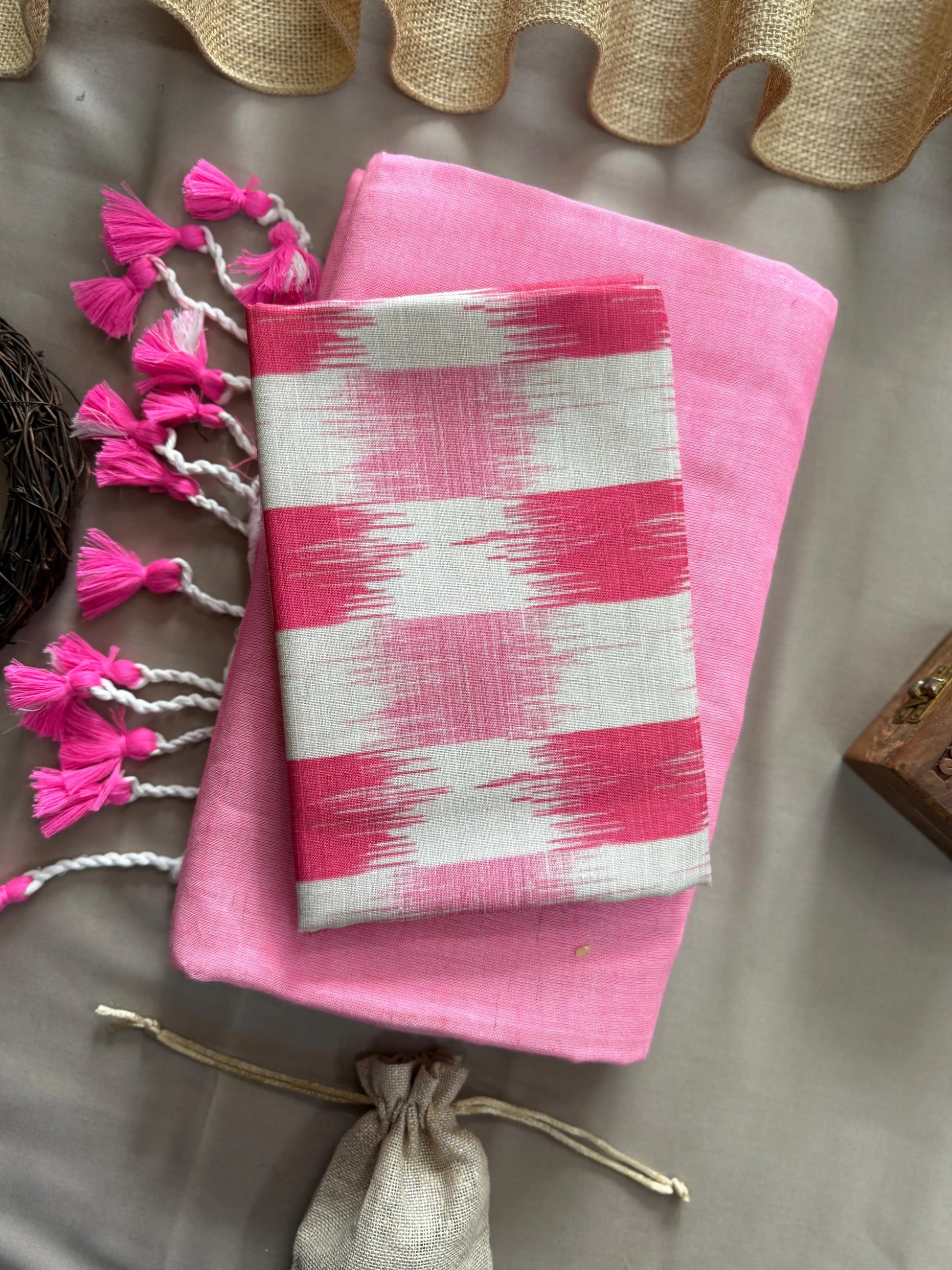 MoonPalav Handwoven Khadi Saree with Pink & White Ikat – Traditional Indian Cotton Saree Moonpalav
