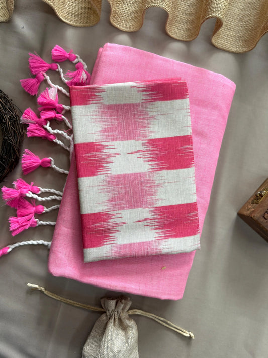 MoonPalav Handwoven Khadi Saree with Pink & White Ikat – Traditional Indian Cotton Saree Moonpalav