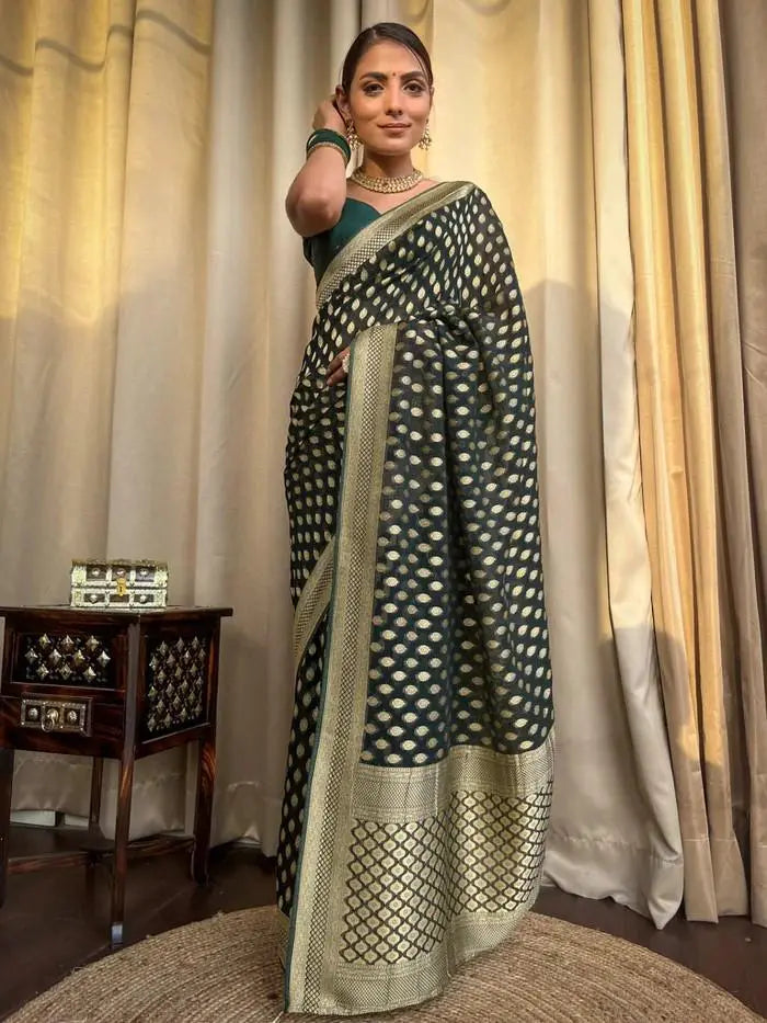MoonPalav Royal Green Banarasi Silk Moonpalav