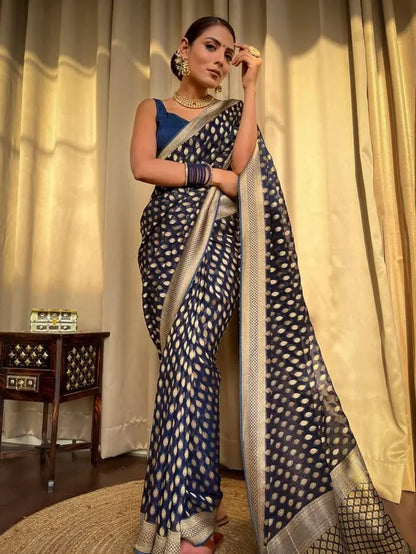 MoonPalav Radiant Navy Blue Soft Banarasi Silk Saree Moonpalav