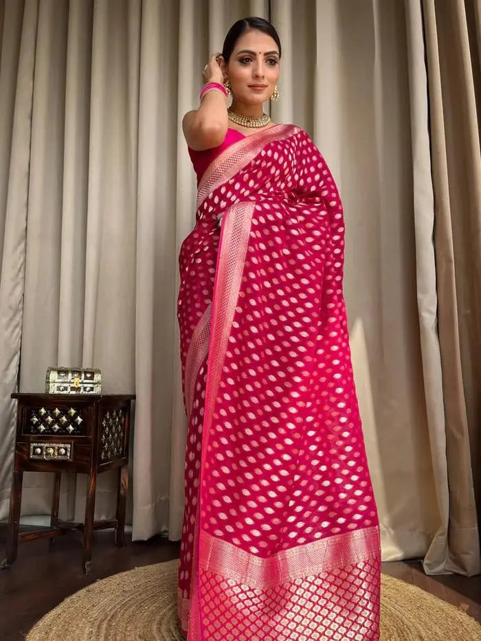 MoonPalav Elegance in Pink Banarasi Silk Saree Moonpalav