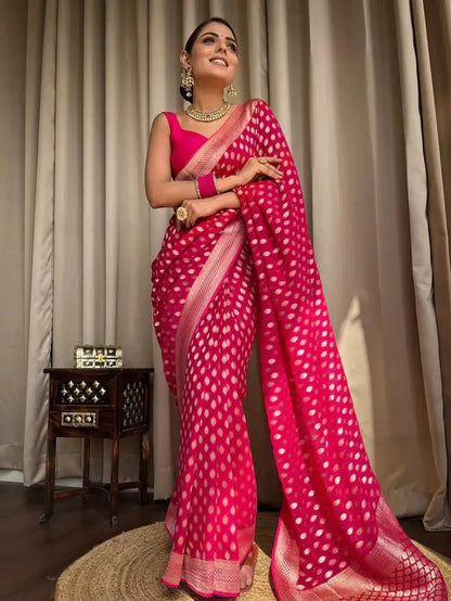MoonPalav Elegance in Pink Banarasi Silk Saree Moonpalav
