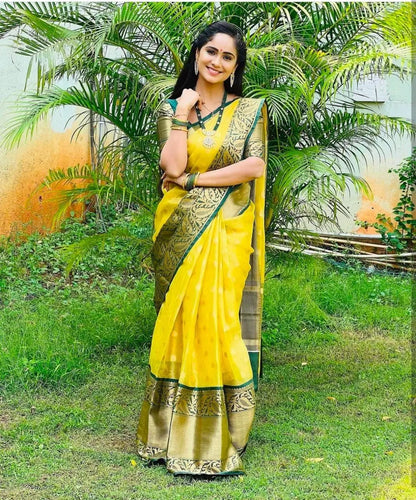 MoonPalav Sunshine Yellow Silk Saree with Green Border Moonpalav