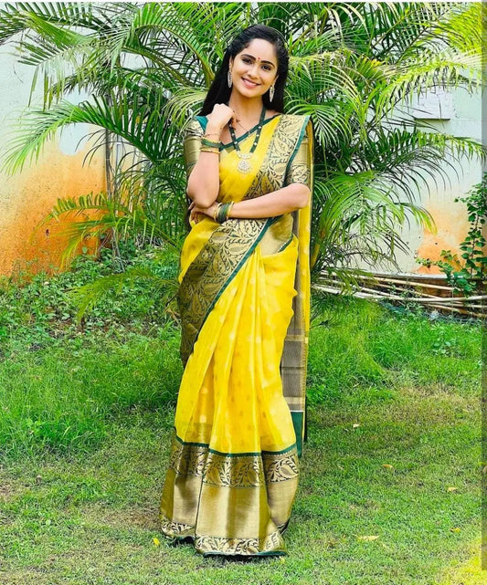 MoonPalav Sunshine Yellow Silk Saree with Green Border Moonpalav