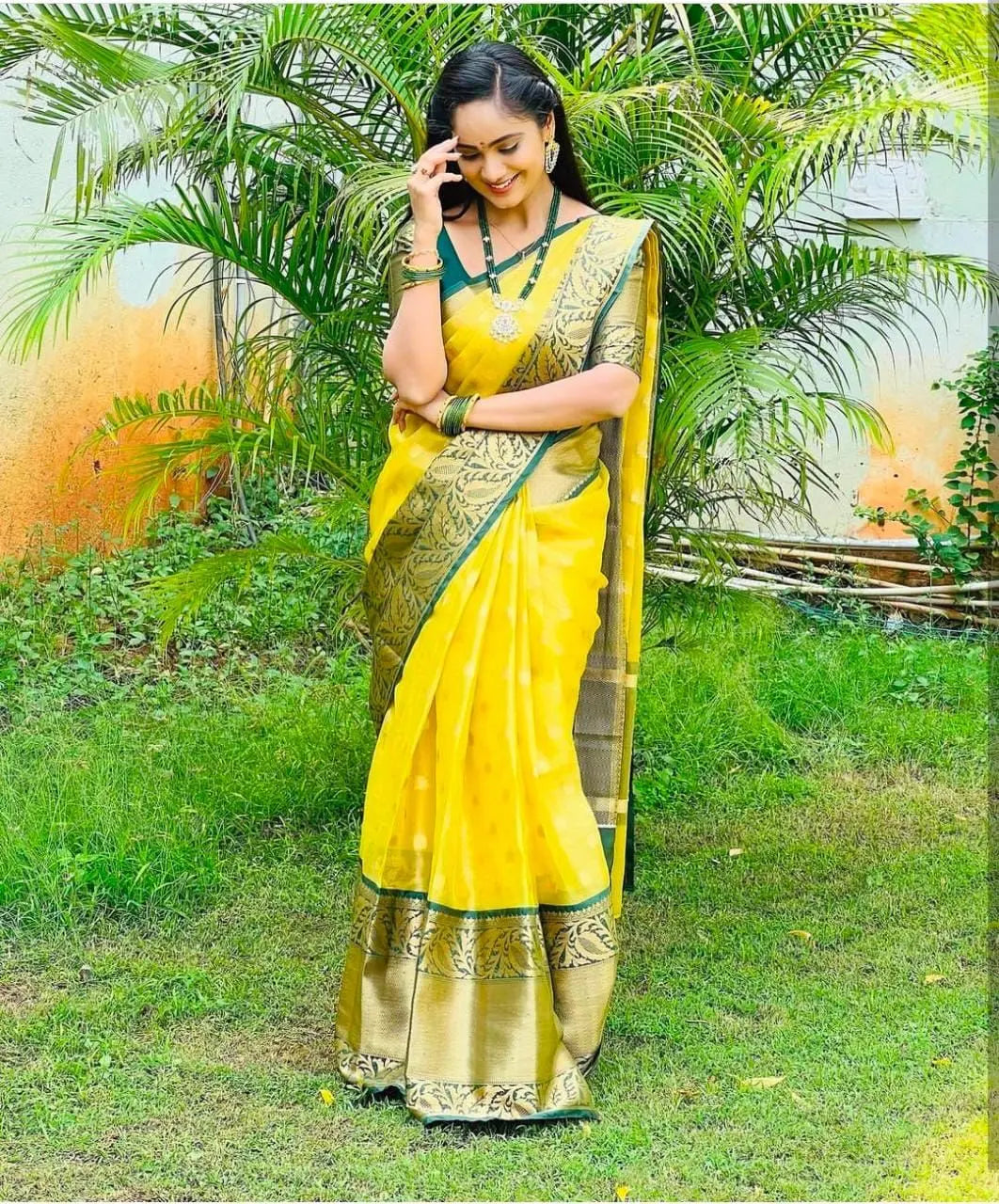 MoonPalav Sunshine Yellow Silk Saree with Green Border Moonpalav