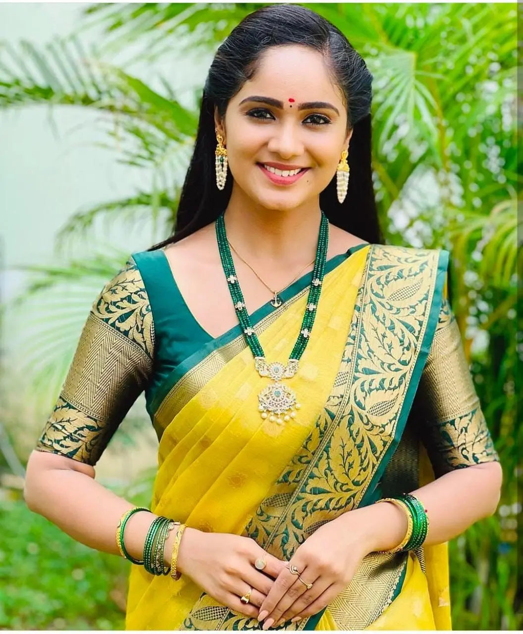 MoonPalav Sunshine Yellow Silk Saree with Green Border Moonpalav