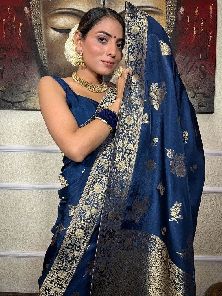 MoonPalav Midnight Blue Banarasi Saree with Gold Zari Moonpalav