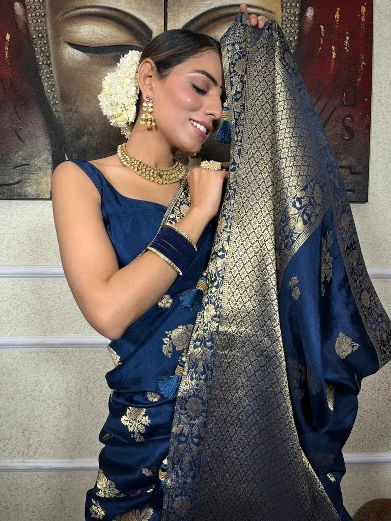MoonPalav Midnight Blue Banarasi Saree with Gold Zari Moonpalav