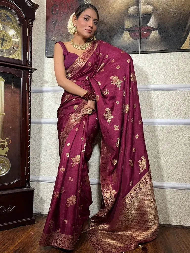 MoonPalav Rich Wine Banarasi Timeless Classic Silk Saree Moonpalav